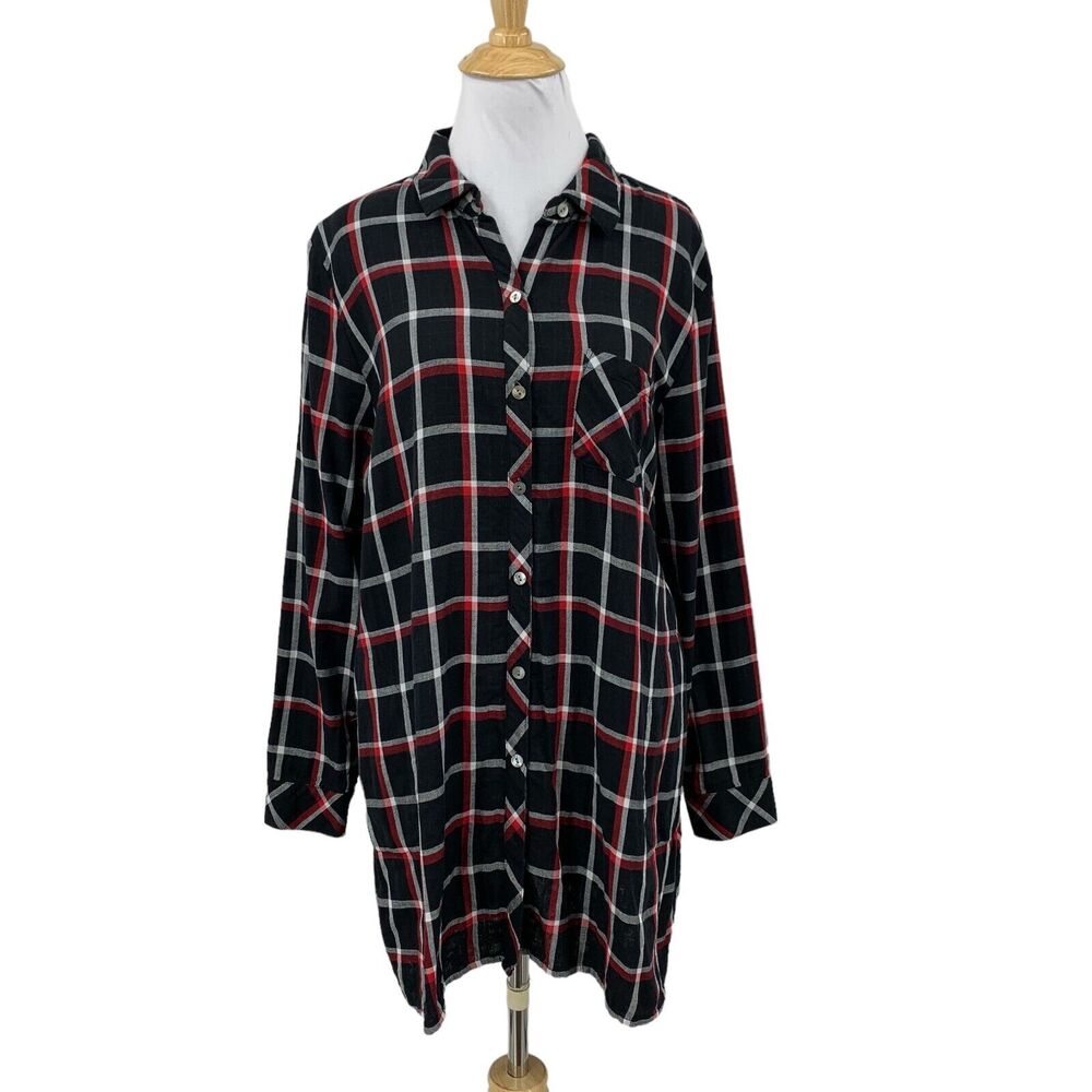 J Jill Shirt Womens Petite Large Multi Plaid Double Cloth Pearl Button Up Tunic